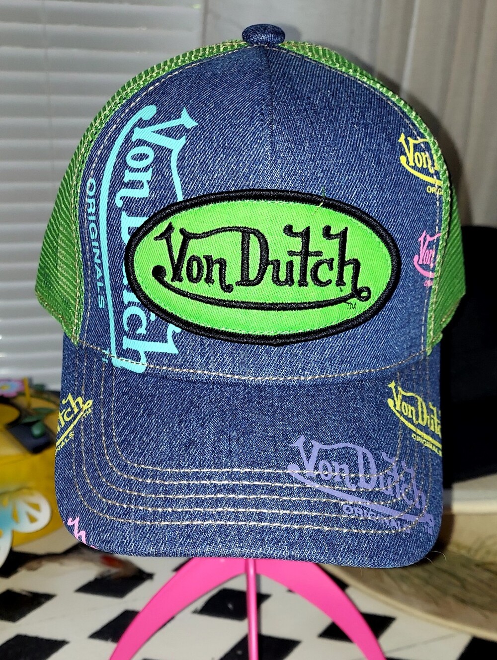 Von Dutch Denim Trucker Hat with Green Patch and Neon Logos